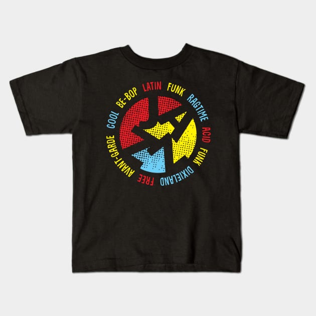 Colorful Jazz Genres Emblem Kids T-Shirt by jazzworldquest